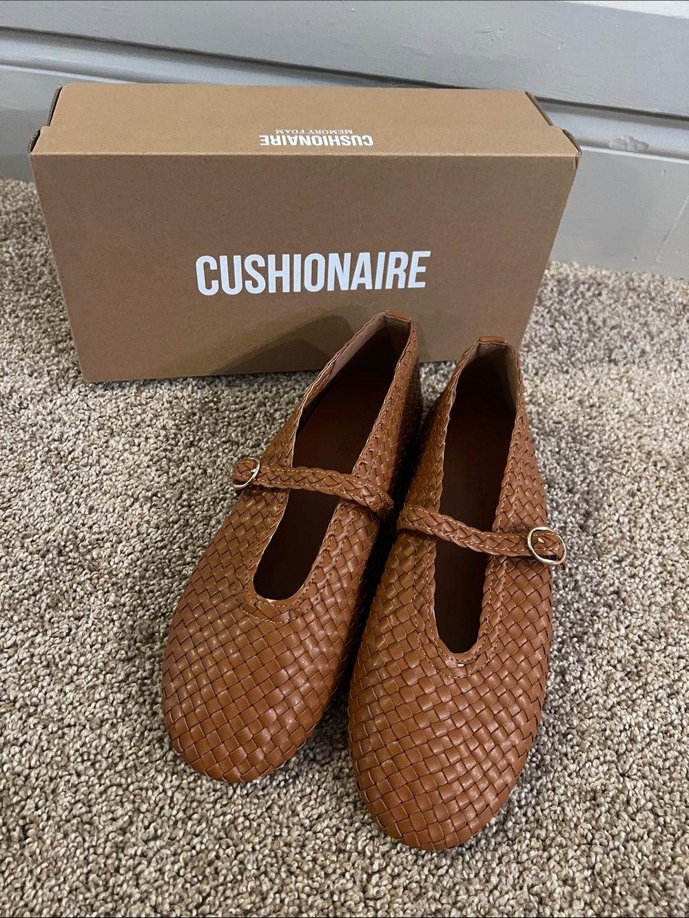 Cushionaire Bistro Woven Mary Jane Flats in Cognac